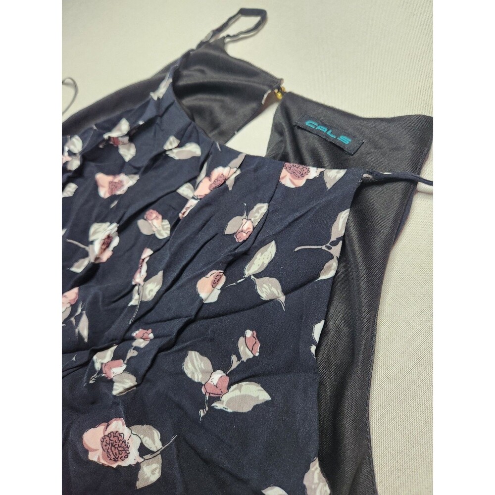 CALS Navy Pink White Floral Halter Mini Dress Sleeveless Strappy Rayon Sz L #029